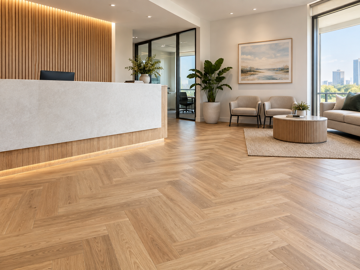 Welcoming Brisbane office reception with warm oak herringbone flooring