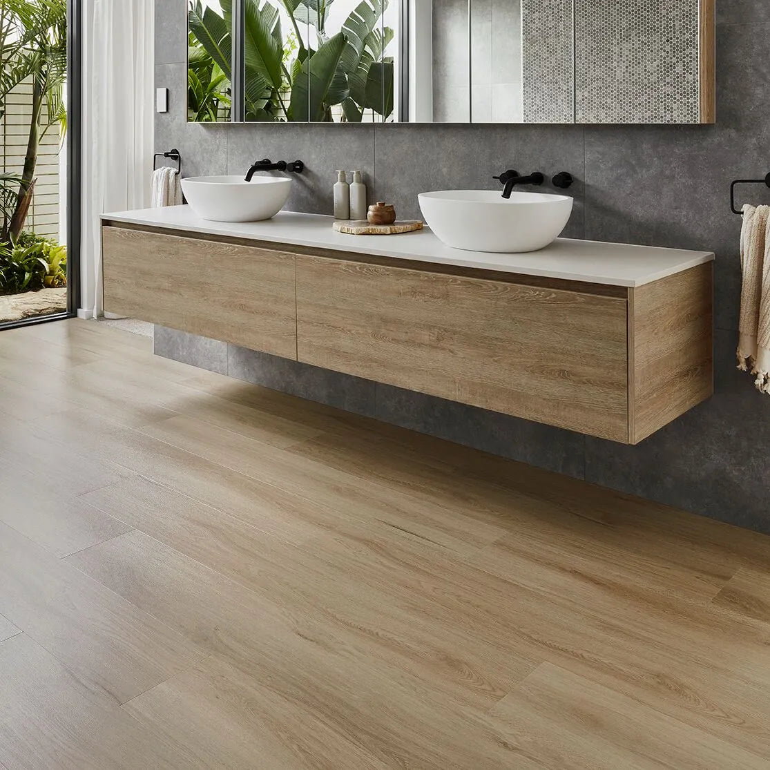 Easi-Plank Barnside hybrid flooring in a bathroom vanity area