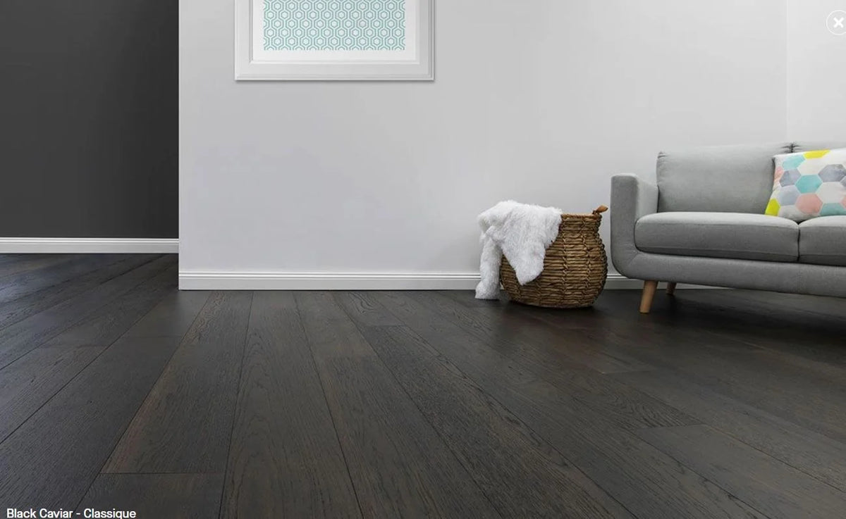 Australian Select Timbers Hickory Impressions Classique Engineered Timber Flooring 12/2mm Black Caviar Setting