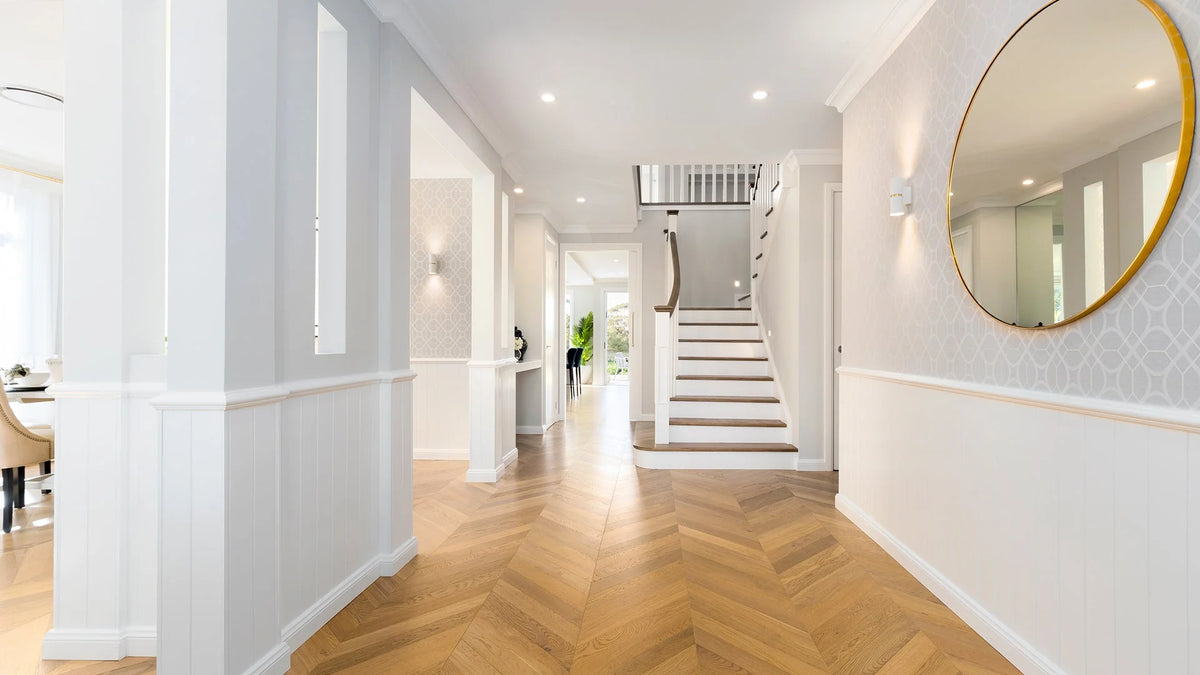 Preference De Marque Oak Chevron Engineered Timber Flooring 15/4mm 120mm Champagne Setting