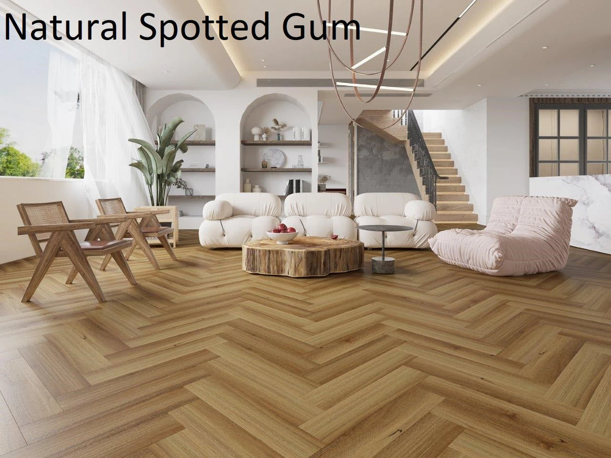 Riverhill Elegant Herringbone Hybrid Flooring 9.5mm Natural Spotted Gum Setting