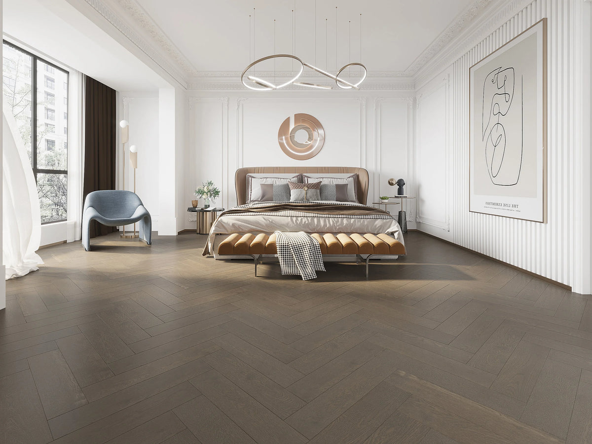 Riverhill iDesign European Oak Herringbone Engineered Timber Flooring 15/3mm Apollo Grey Setting 1