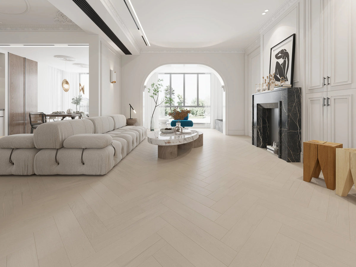 Riverhill iDesign European Oak Herringbone Engineered Timber Flooring 15/3mm Casper White Setting 1