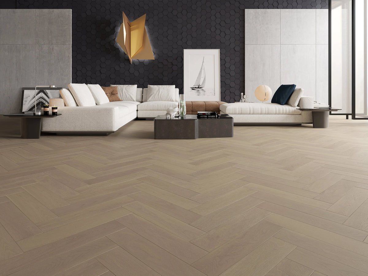 Riverhill iDesign European Oak Herringbone Engineered Timber Flooring 15/3mm Light Malt Setting 1