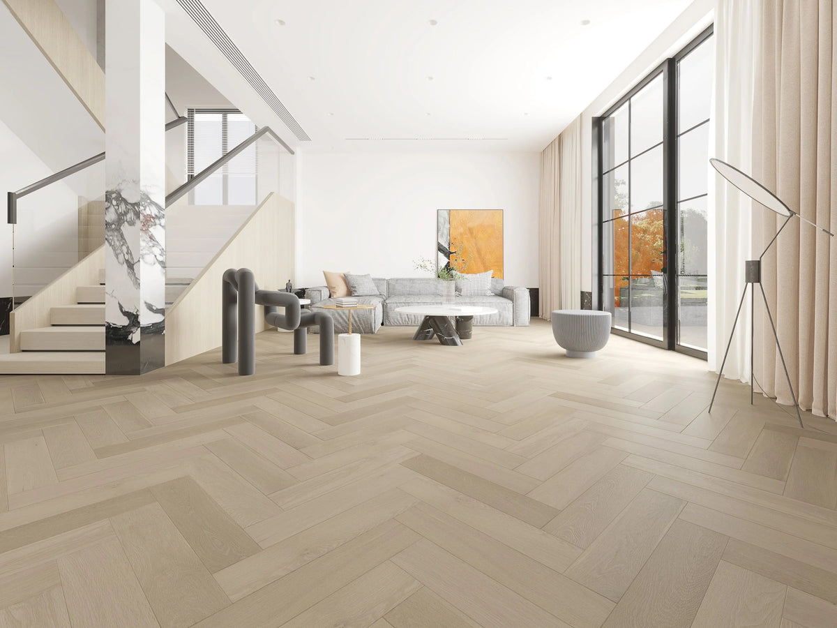Riverhill iDesign European Oak Herringbone Engineered Timber Flooring 15/3mm Tinge Clay Setting 1